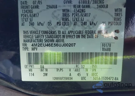 2006 Mercury Mountaineer Convenience z USA, uszkodzony, nr VIN 4M2EU46E56UJ00207